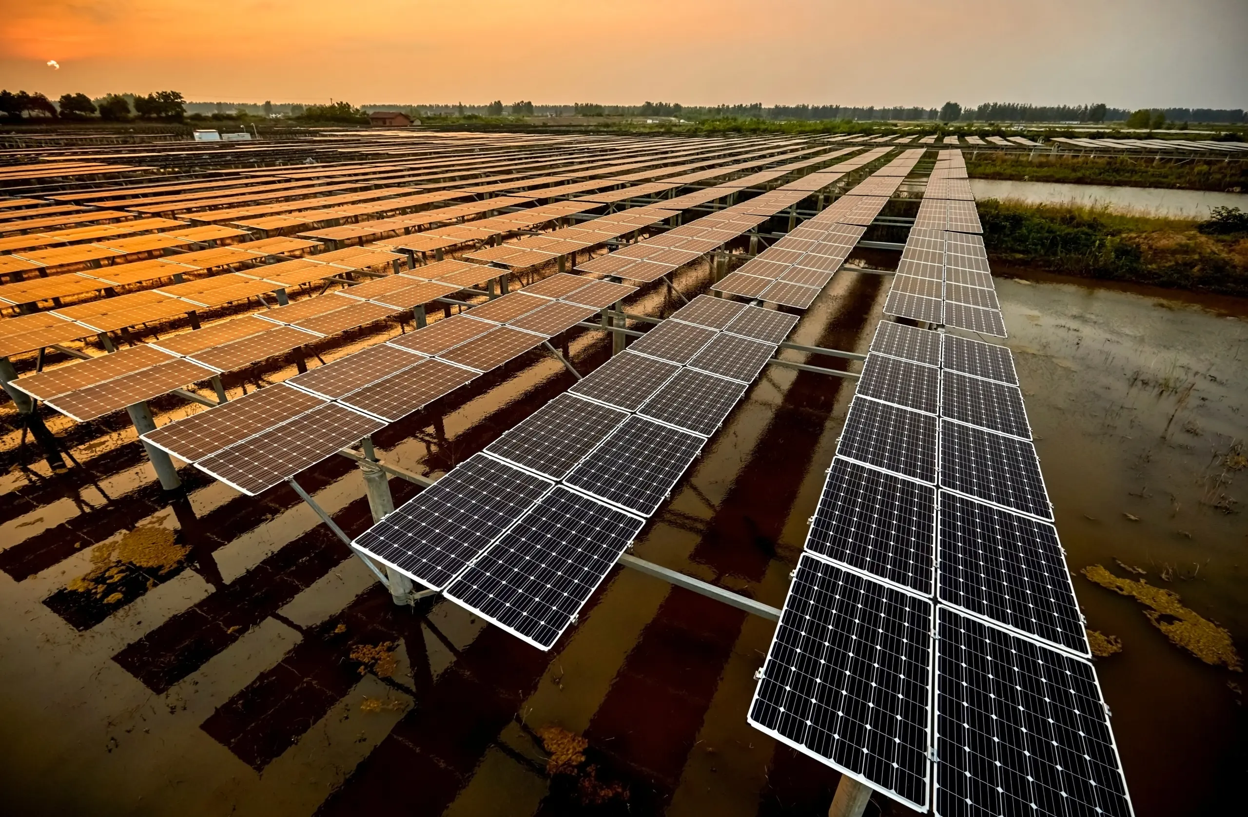 Aerial outdoor solar photovoltaic base in Asia under sunset